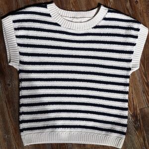 Blu Pepper Striped Sweater Top Boxy Nautical Coastal Preppy Ivory Navy Womens S